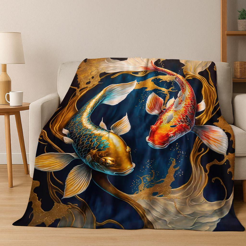 Luxuriöse Glückskarpfen Yin Yang Karpfen Cartoon Flanell Decke, Gemütliche Weiche Überwurfdecke für Zuhause Schlafzimmer Bett Sofa Abdeckung Geschenk Kind