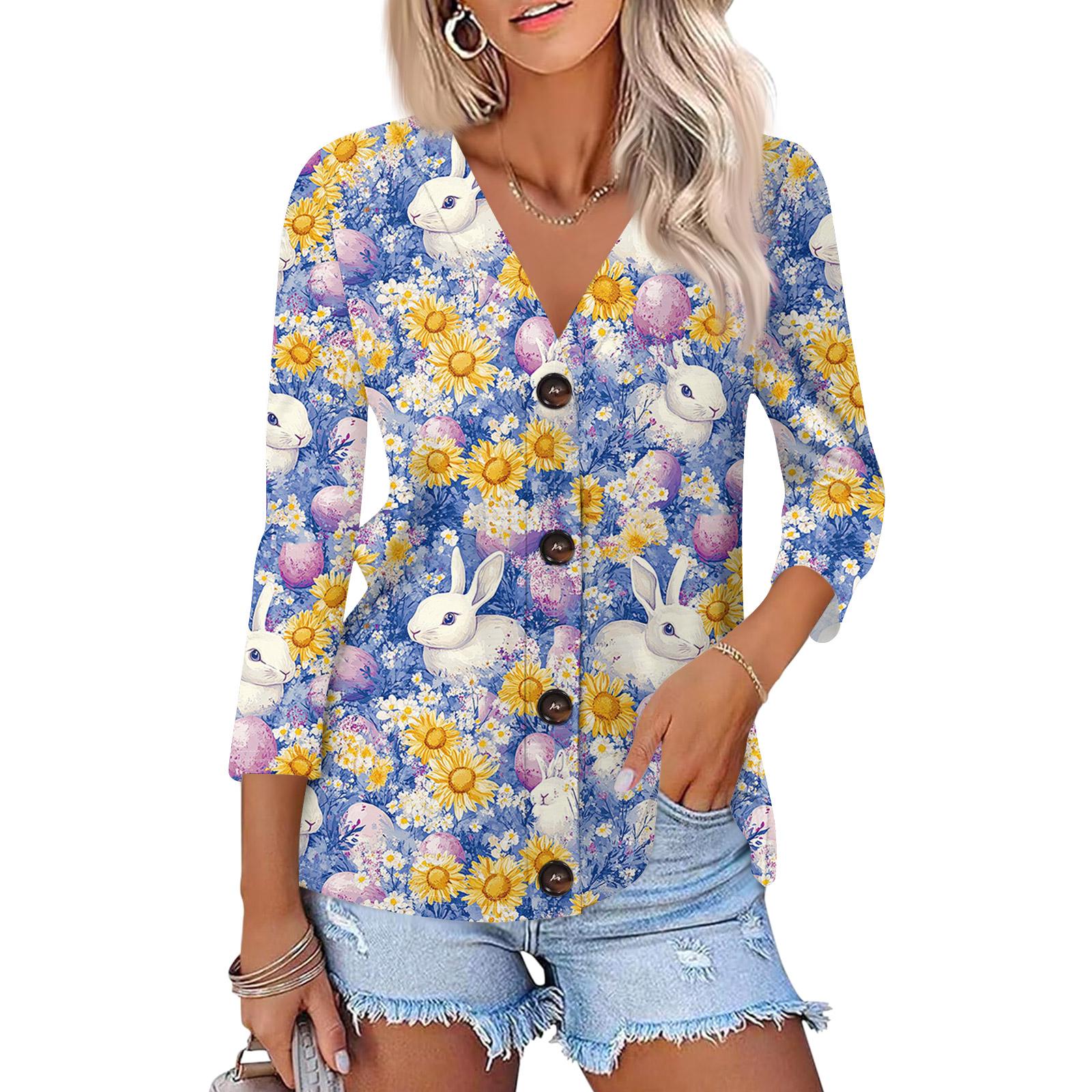 

Women s Fashion Casual Print Button-down Shirt 3/4 Sleeve Tops L