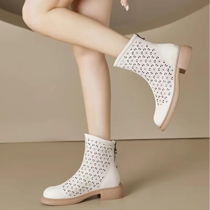 Cizme scurte de vară pentru femei, ușoare, cu goluri, sculptate, versatile, sandale, subțiri, cu fermoar în spate, cizme elegante scurte