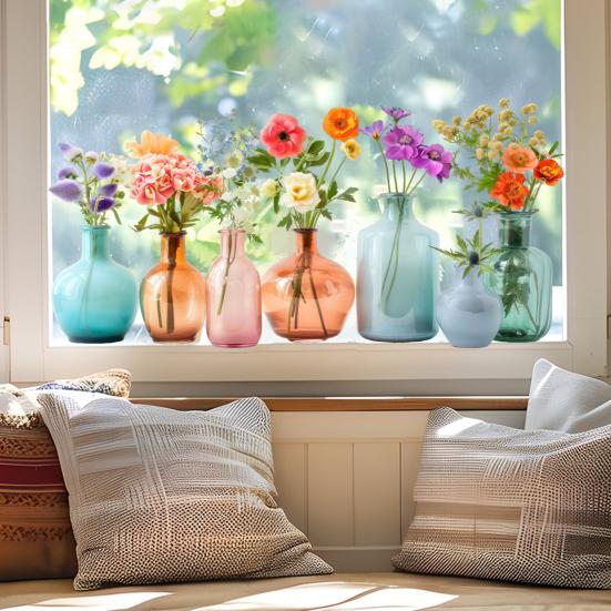 Flower Vase Window Cling Removable Waterproof PVC Floral Plants Container Static Glass Sticker Home Living Room Bedroom Decoration Decal