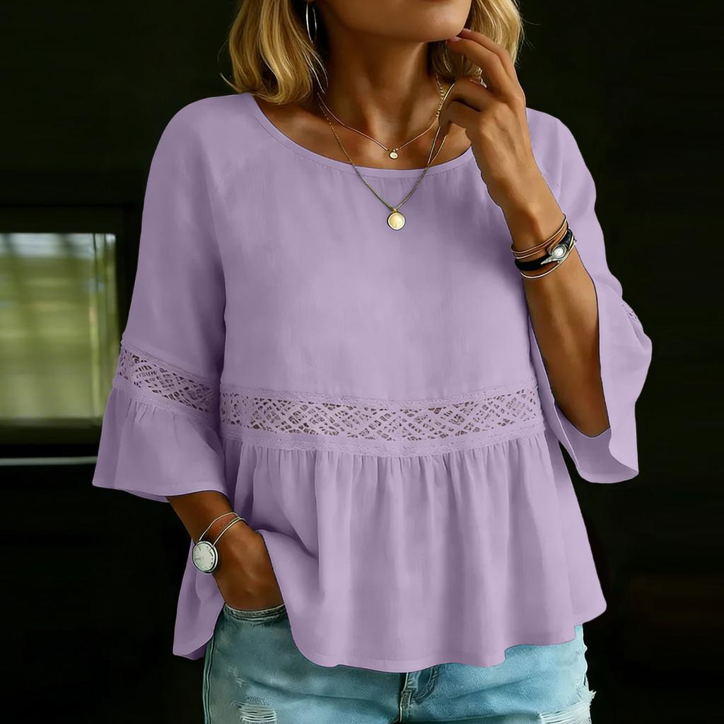 Women's Color Casual Fashion Loose Cotton Linen Lace Splicing Round Neck Shirt Top