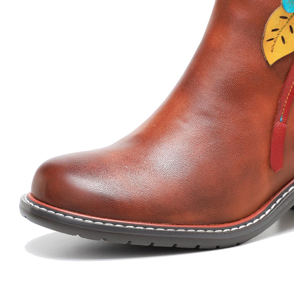 Johnature Genuine Leather Retro Shoes Women Short Boots Round Toe Patchwork Handmade Ankle Boots