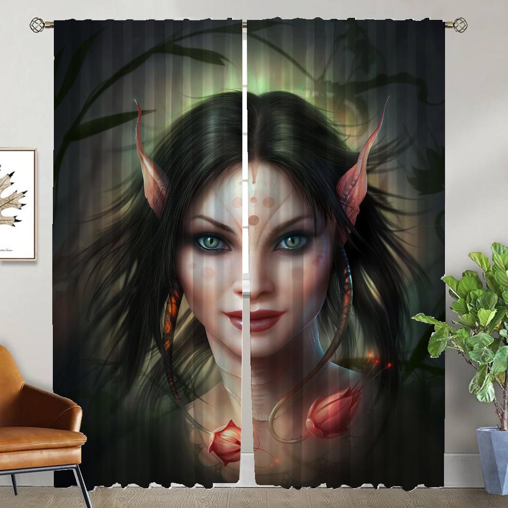 

Set Of 2 Elegant Female Elf Curtains Camera Modern Living Room Shades Window Curtain Partition Kitchen Darkening For Sitting Made Polyester W100*H130(CM)-Rod Pocket&2PCS