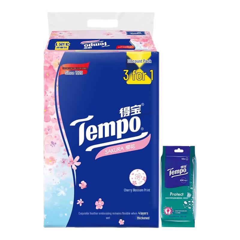Tempo Cherry Blossom 4-ply Facial Tissues with Wet Wipes Bundle