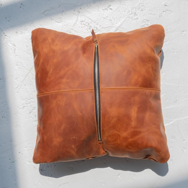 (Pack of 2) Leather Cushion Cover, Handmade Cushion Cover, Handmade Pillow Cover, Leather Pillow Cover, Brown Leather Pillow, Cognac Pillow Cover