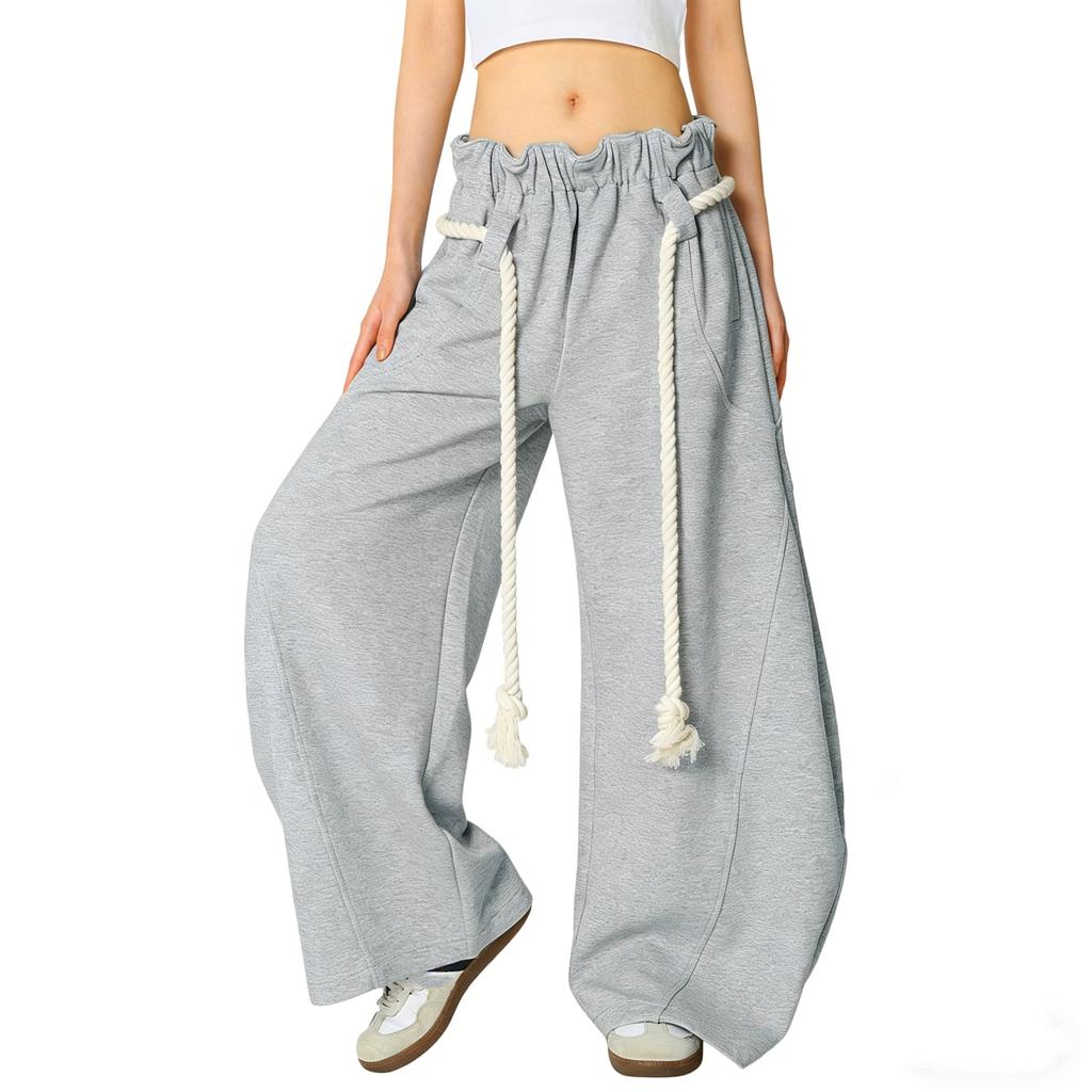 Women's Vintage Drawstring Sweatpants With Heart Embroidery Wide-Leg Curved-Hem Pants Loose-Fit Casual Sweatpants Long Pants