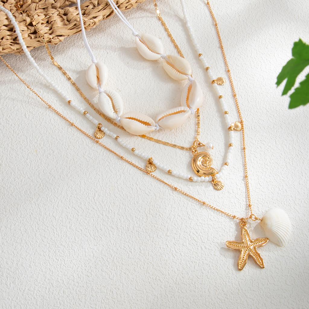 European and American Beach Shells Multi-layer Starfish Necklace Female, Holiday Wind Rice Beads Beaded Conch Collarbone Chain Neck Chain