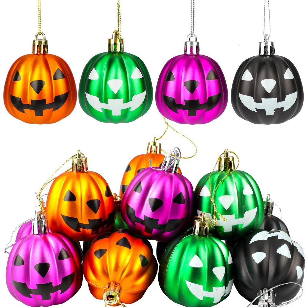12 Pack Halloween Plastic Pumpkin Hanging Decorations, Face Balls for Party Home and Yard