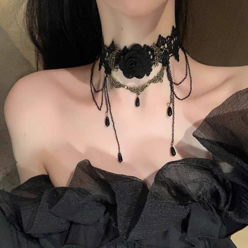 Lace Neck Accessory Decorative Necklace, Women's Collar, Fringed Pendant, Rose Flower Neckband