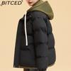 BITCED Pseudo-Two-Piece Cotton Coat Unisex Winter Fashion Contrast-Colour Hooded Sweatshirt Thickened Warm Cotton Jacket