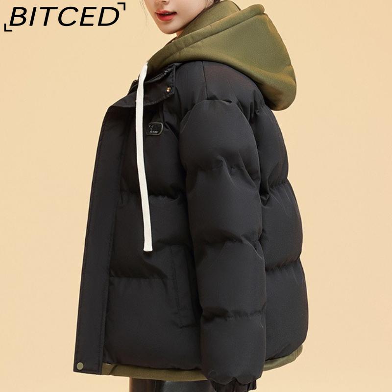 BITCED Pseudo-Two-Piece Cotton Coat Unisex Winter Fashion Contrast-Colour Hooded Sweatshirt Thickened Warm Cotton Jacket