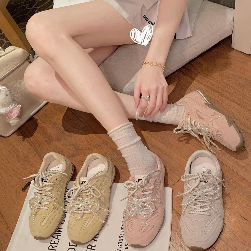 Cowhide Version of Grape Mother, the Same Girly Pearl Pair of Shoelaces, Casual Ballet Style Moral Training Shoes, Women's Sports and Leisure Shoes