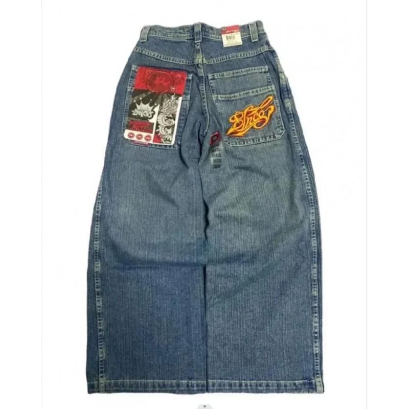 Mens Y2K Hip Hop Wide Leg Straight Fit Denim Jeans - Washed Cotton Loose Streetwear Style