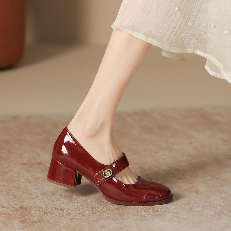 Thick heel shallow mouth soft leather single shoes women's college vocational work commuter women's shoes square head shoes