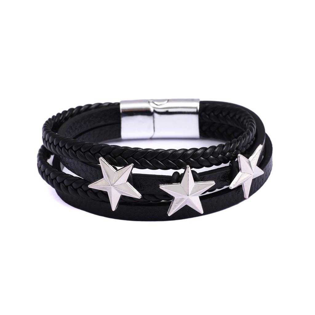 Pulseira de Couro Trançado Multicamadas Versátil Masculina com Design de Pentagrama