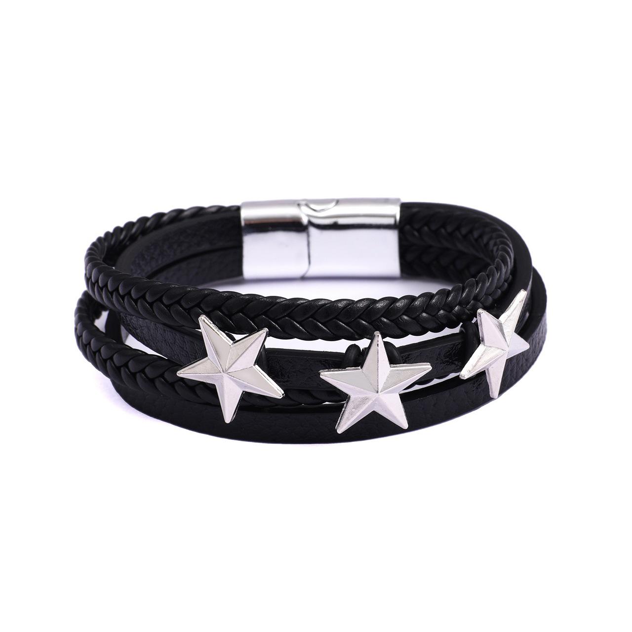 Vielseitiges mehrschichtiges geflochtenes Lederarmband für Herren mit Pentagramm-Design black