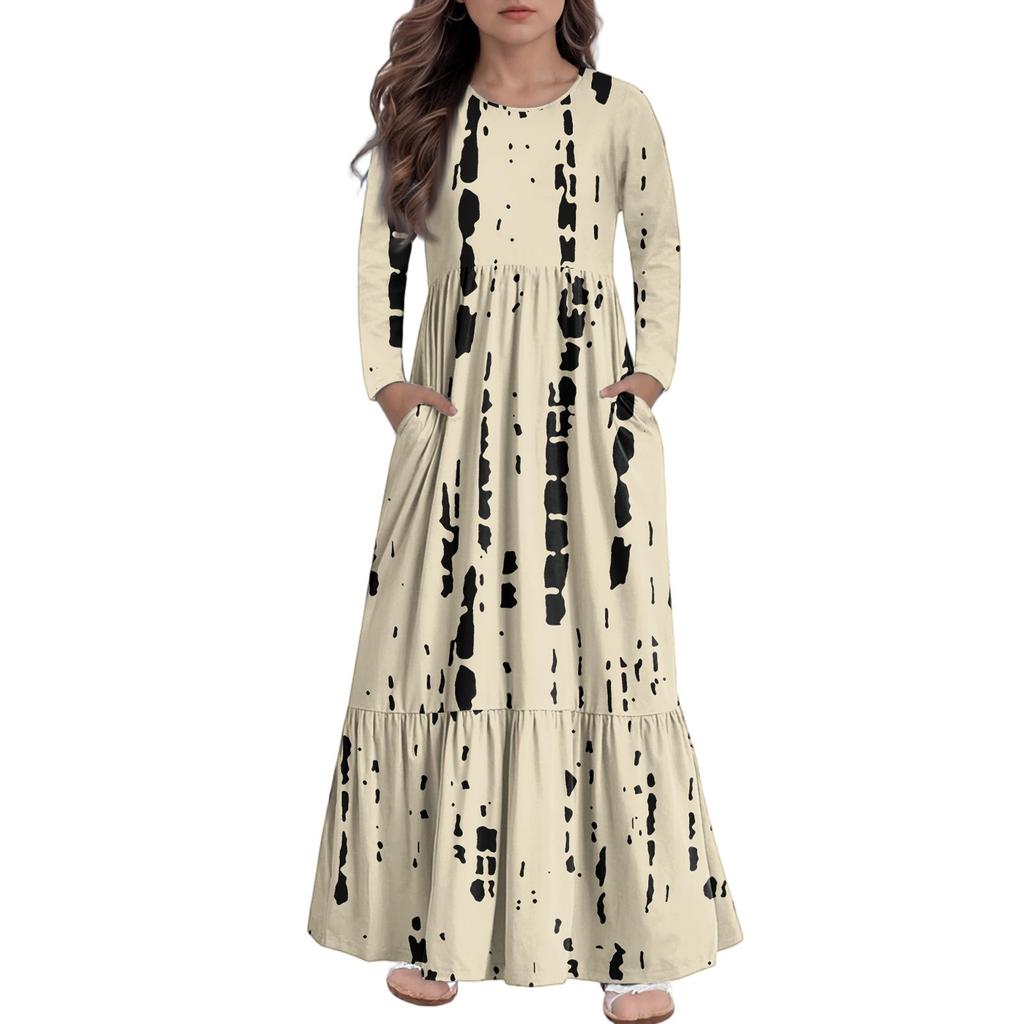 Girls' Maxi Dress Casual Holiday Dresses - Long Sleeve Dress With Pockets For 4-14Y