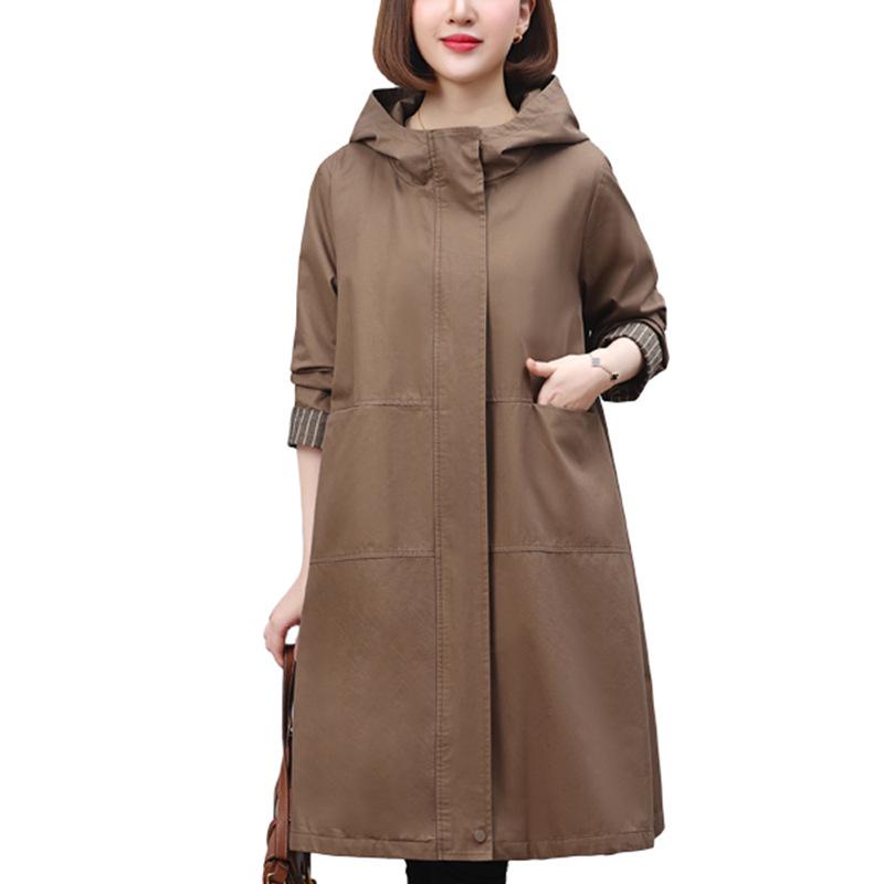 Women's 2024 Mid-Length Hooded Trench Coat for Spring & Autumn - Elegant Casual Style for Middle-Aged & Elderly