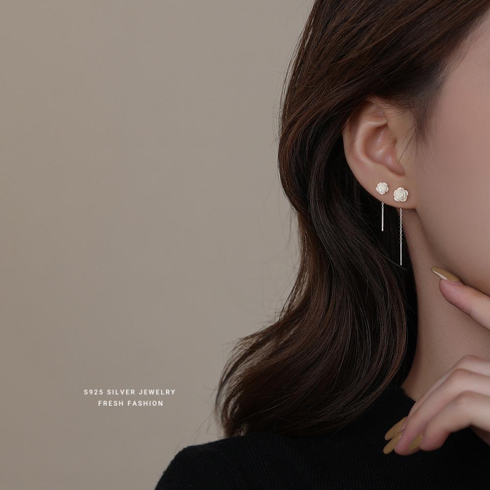 925 Sterling Silver Camellia Ear Line Resin Flower Tassel Delicate Earrings for Women