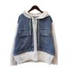 Hooded zipper splicing denim knitted double-sided cardigan autumn and winter new loose casual sweater jacket women