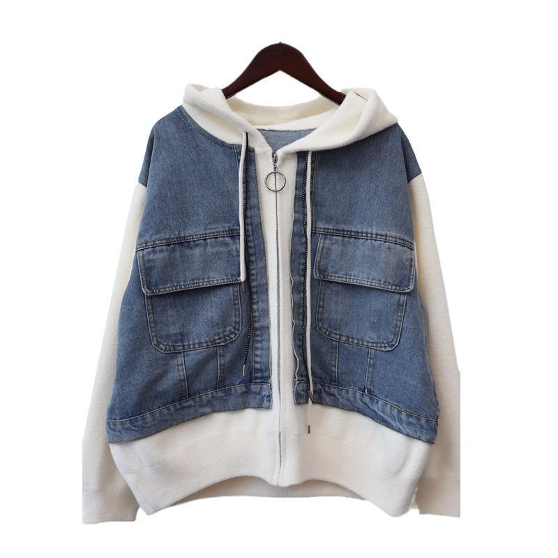Hooded zipper splicing denim knitted double-sided cardigan autumn and winter new loose casual sweater jacket women