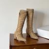 Fashion Autumn Winter Fashion Pleated Design Women Knee-High Boots Vintage Faux Suede Lace High heels Western Cowboy Long Booties Shoes