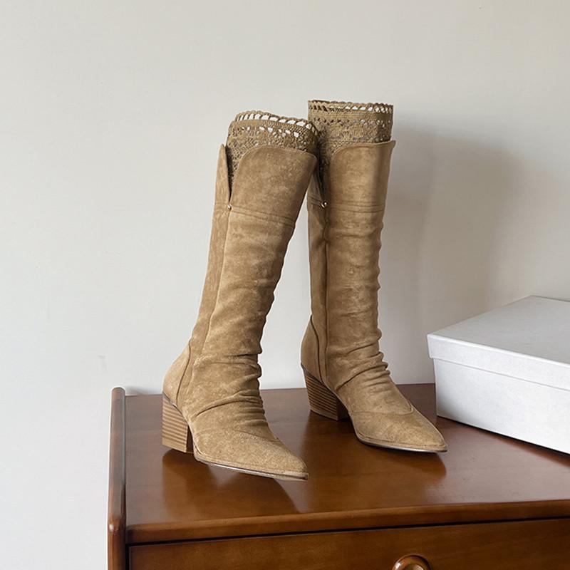 Fashion Autumn Winter Fashion Pleated Design Women Knee-High Boots Vintage Faux Suede Lace High heels Western Cowboy Long Booties Shoes