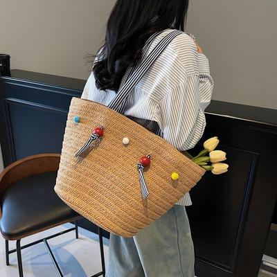 New Cute Ball Straw Bag Fashion Seaside Vacation Wind Tote Woven Bag Large Capacity Beach Bag
