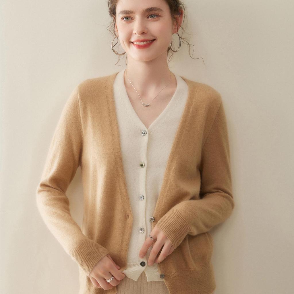 Women's V-Neck Colorblock Cashmere Cardigan Sweater - Loose Knit Autumn/Winter Top