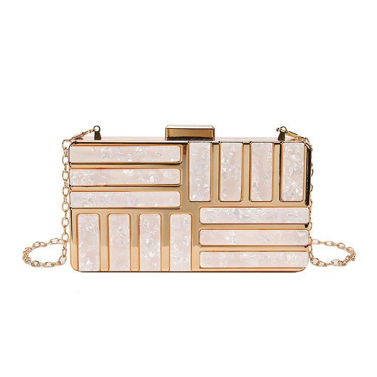 New Acrylic Banquet Bag Cross border Banquet Handheld Gold Evening Bag Fashion One Shoulder Spliced Metal Small Square Bag бежевый