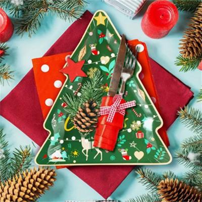 10pcs Christmas Disposable Tableware Xmas Tree Shape Paper Plates Happy New Year Christmas Supplies Merry Christmas Decoration