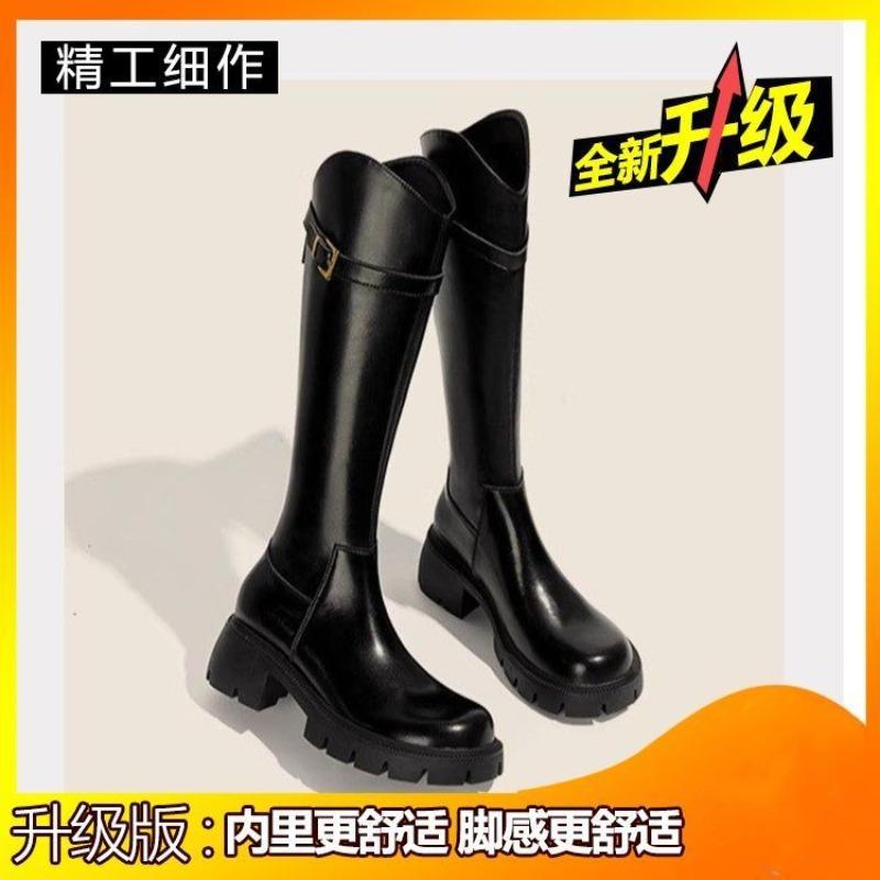 Women's Knee High Boots Fashion V-mouth Knight Booties Square Heels Belt Buckle High-heeled Winter Warm Short Plush Women Shoes