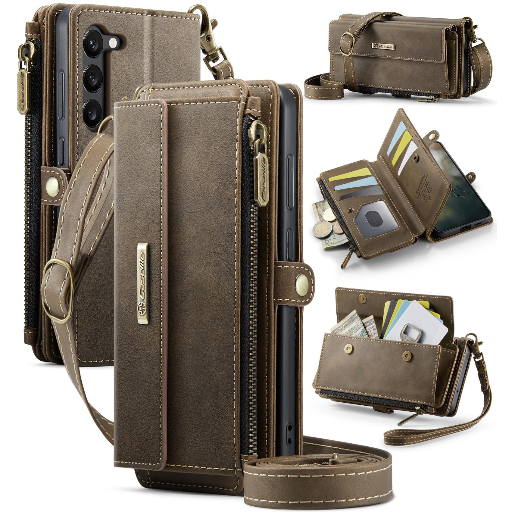 

For Samsung Galaxy S23+ Case CASEME C39 RFID Blocking Zipper Wallet Stand Leather Cover with Strap Brown