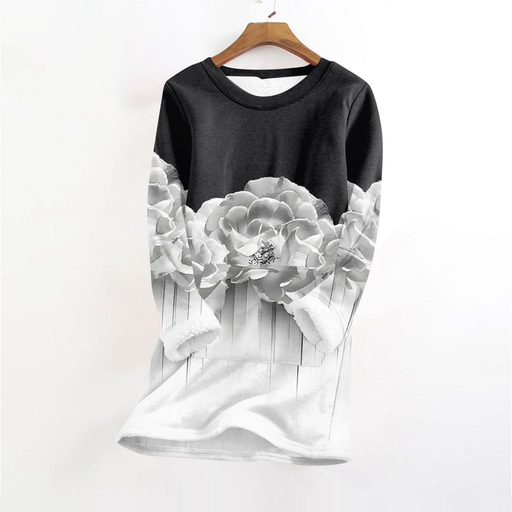 Women's Fashionable Printed Round Neck Long Sleeved Plush Warm Pullover Top