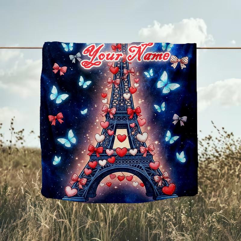 1PC Custom Name Eiffel Tower Valentine Flannel Blanket Versatile,all-season Throw Suitable for the Living Room,bedroom,camping,travel,and Gift