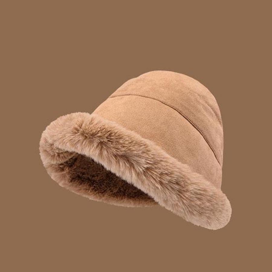 Sonbahar ve Kış Kadın Kova Şapka Kalınlaştırılmış Yün Sıcak Şapka Yuvarlak Üst Geniş Kenarlı Şapka Saf Renk Rüzgar Geçirmez Şapka Giysi Aksesuarları