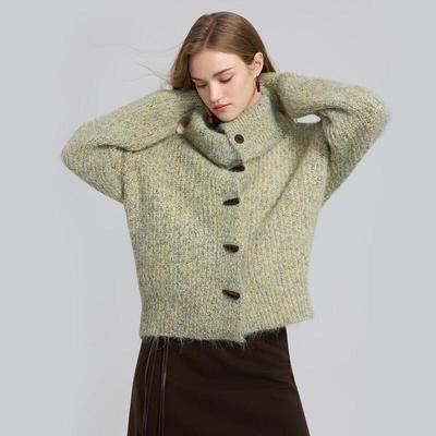 Damen Strickjacke mit langen Ärmeln, Stehkragen, aus Wolle