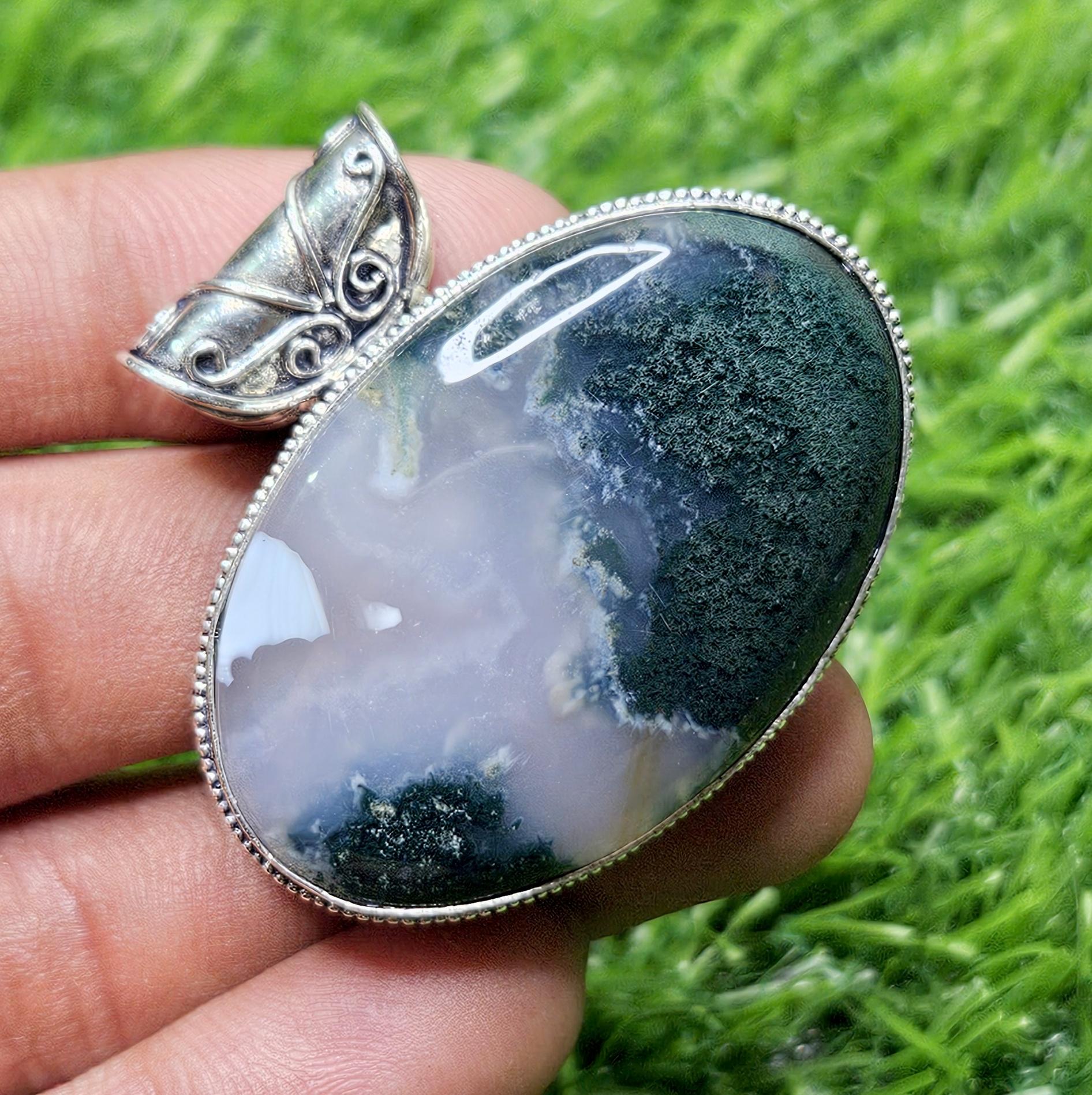 

Подвеска из натурального мохового агата, серебро 925 пробы, овальная подвеска из мохового агата, серебряный кулон, подарок для нее белый