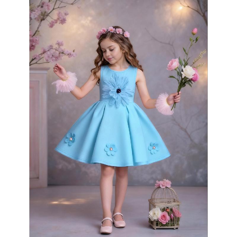 

Girls Solid Color Dress Three-dimensional Flower Decoration Princess Dress 5Y синій