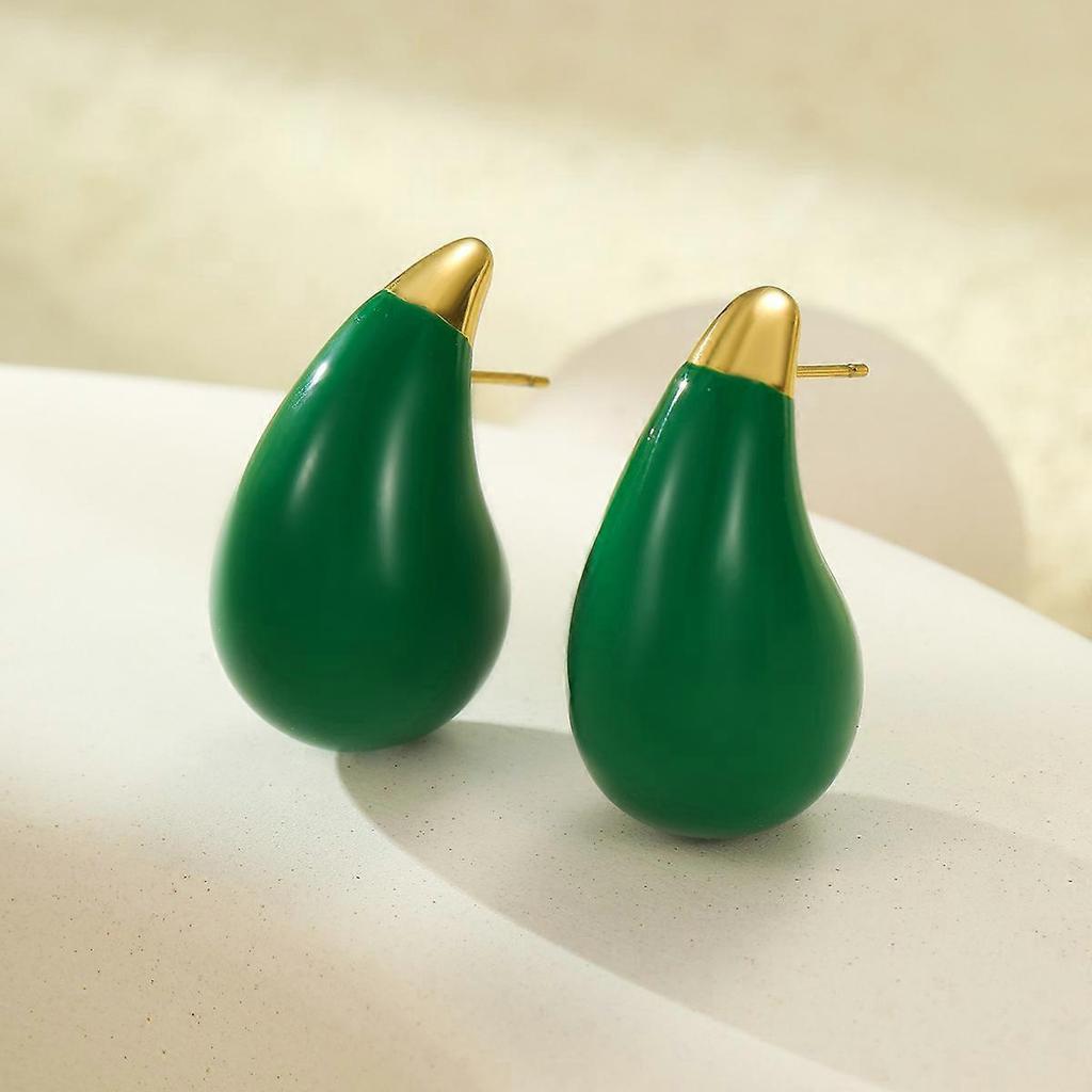 Earrings, Minimalist Titanium Steel Water Drop Glossy Green Enamel Versatile Elegant Ear Jewelry, 1.8x3.1cm