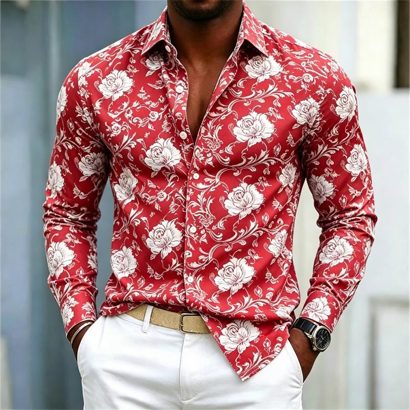 2026 New Men s Shirt European and American Style Red Rose Floral Shirt Men s Slim Fit Long Sleeved Vacation Casual Style S