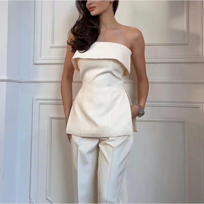 Spring New Women Clothes European and American Commuter off-Shoulder Tube Top off-Shoulder Top High Waist Straight Casual Pants