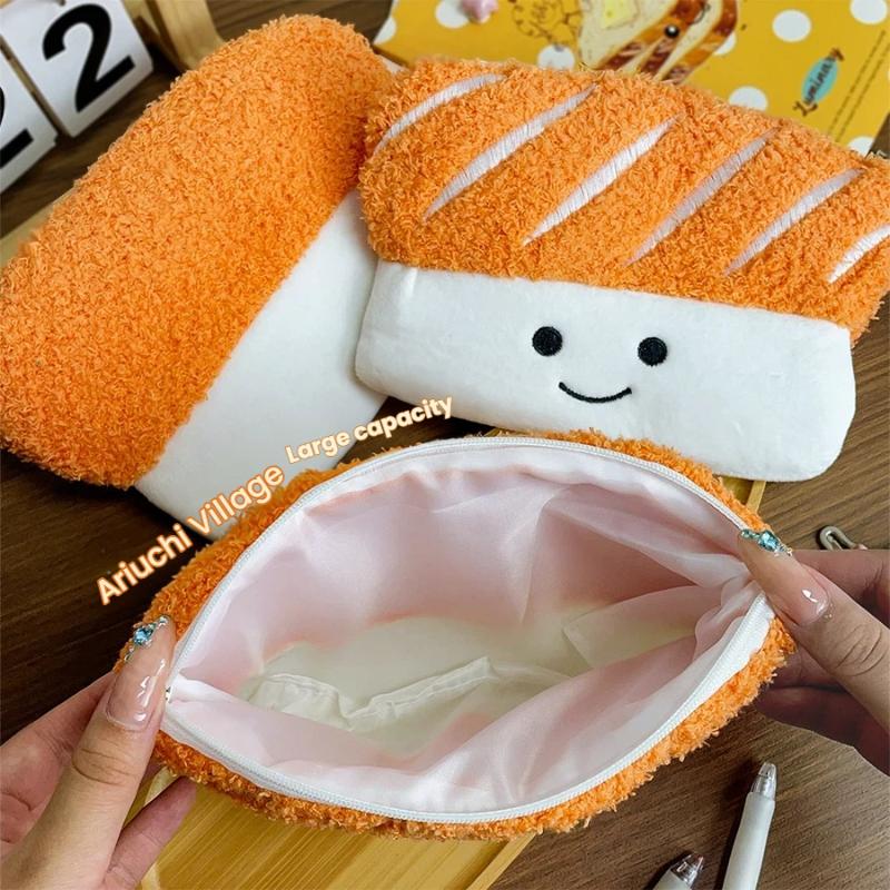Cute Salmon Sushi Shaped Plush Pencil Case Large Capacity Zipper Pencil Bag Soft Stationery Pouch Creative Travel Makeup Bag