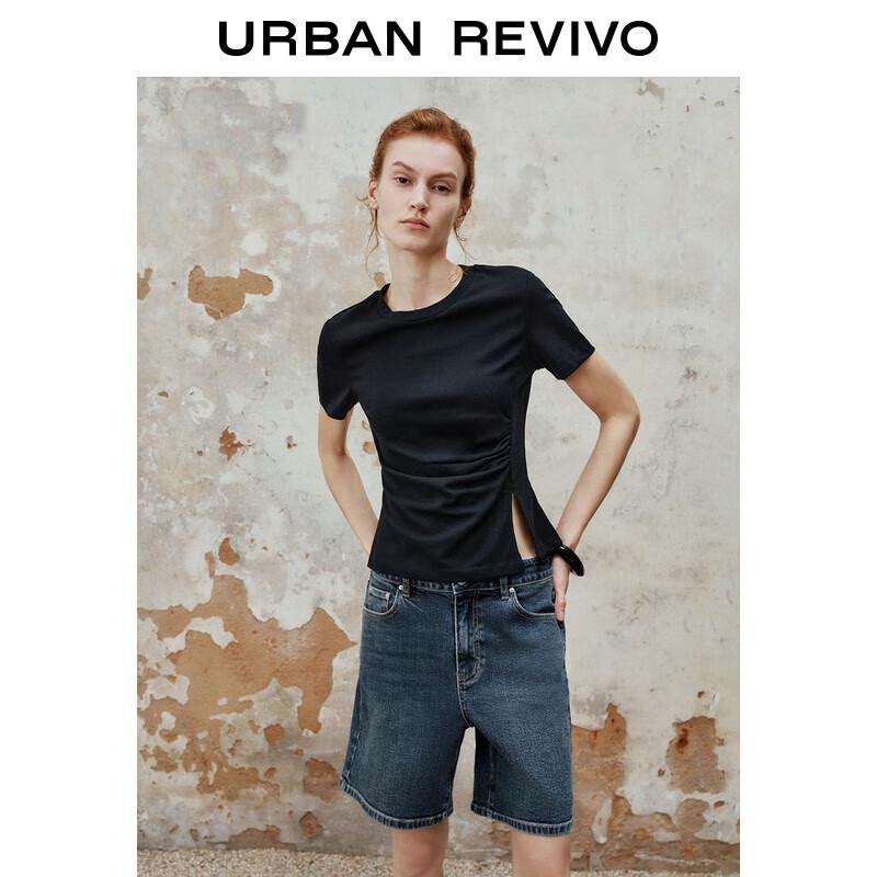 UR2025 Pleated Waist Slit Round Neck Short Sleeve T-shirt M