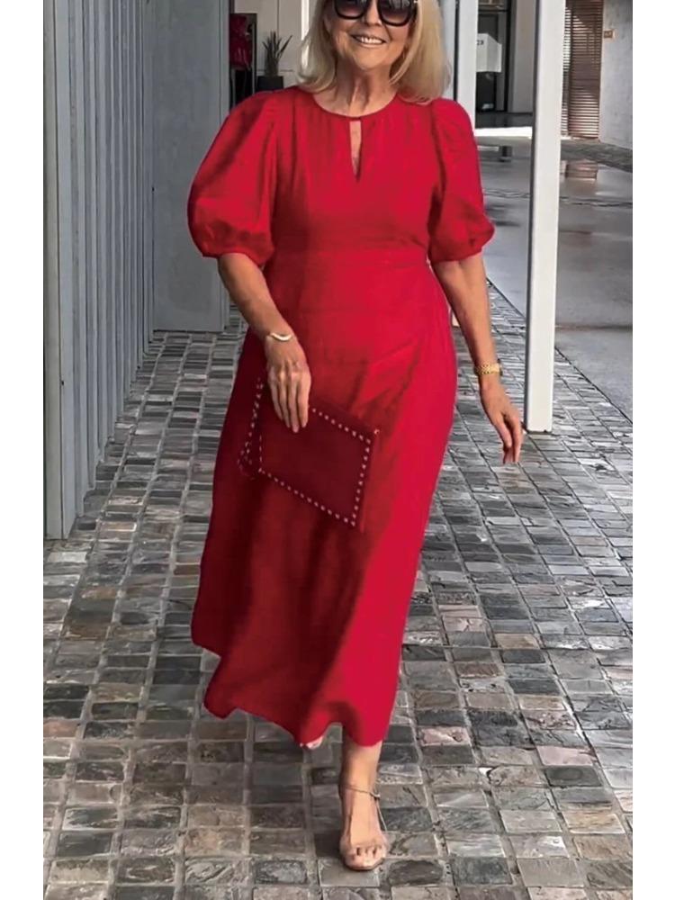 Damen Frühlings-Sommer Einfarbig Locker Sitzend Bequem Lässig Rundhals Pullover-Stil Kleid mit Puffärmeln