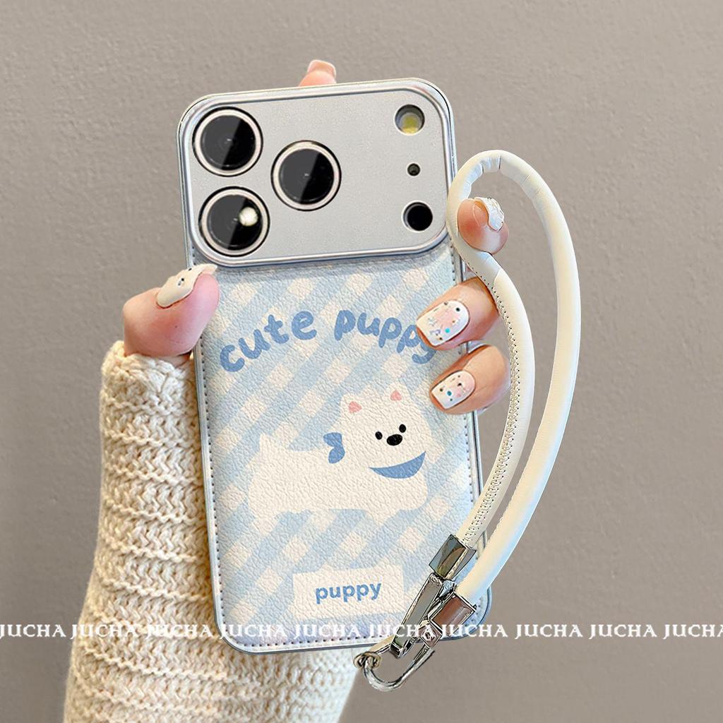 High-End Cute Blue Plaid Embroidery Puppy Phone Case for iPhone 15, 16 Pro Max, and 17