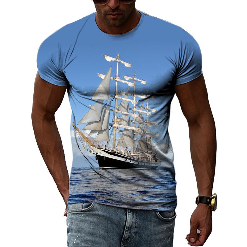 

Летние футболки с рисунком «Парусник в море» Мужская мода Повседневная личность 3D-принтер с круглым вырезом с коротким рукавом Уличная одежда Футболки Топы XXL