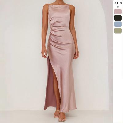 Abbigliamento donna primavera ed estate nuovo tinta unita sexy schiena scoperta spacco gonna media e lunga senza maniche bretelle vestito donna