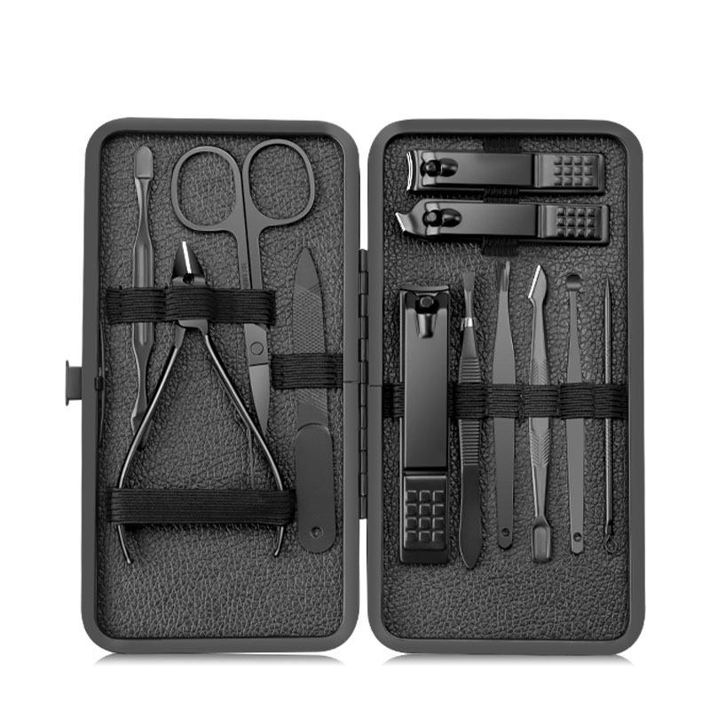 Black Stainless Steel Nail Clipper Set with Dead Skin Nippers, Pedicure Knife, and Blackhead Needle.
