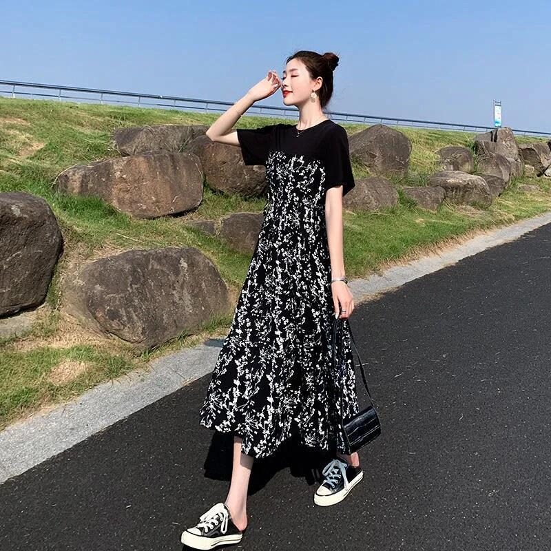 Hepburn Style Women's Floral Patchwork Midi Dress - Elegant High Waist Slimming Skirt for Summer 2026